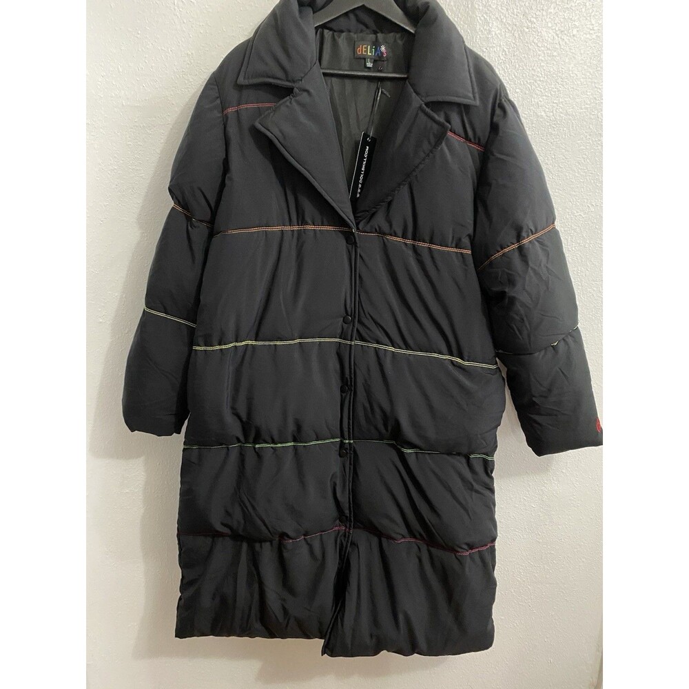 New Delia*s by Dolls Kill Retro Odyssey Puffer Coat Black Rainbow Stripes L